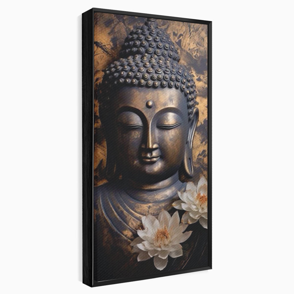 Tablou canvas cu tablou canvas cu buddha si flori de lotus, in rama de aluminiu negru